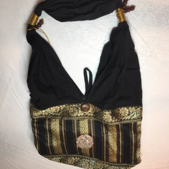 HOBO Hippie Bag 100% Cotton Metallic Handmade Elephant Emblem Black Gold - Picture 4 of 10